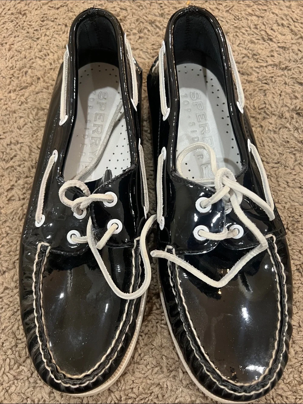 Sperry Women's Black Patent Boat Shoes with White Laces
